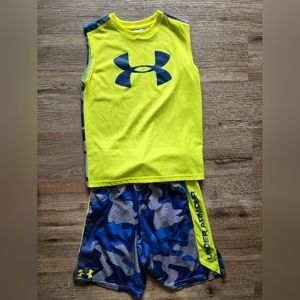 Boys Youth Medium Under Armour Set, Dri-Fit UA Shorts and Shirt, Blue/Yellow
